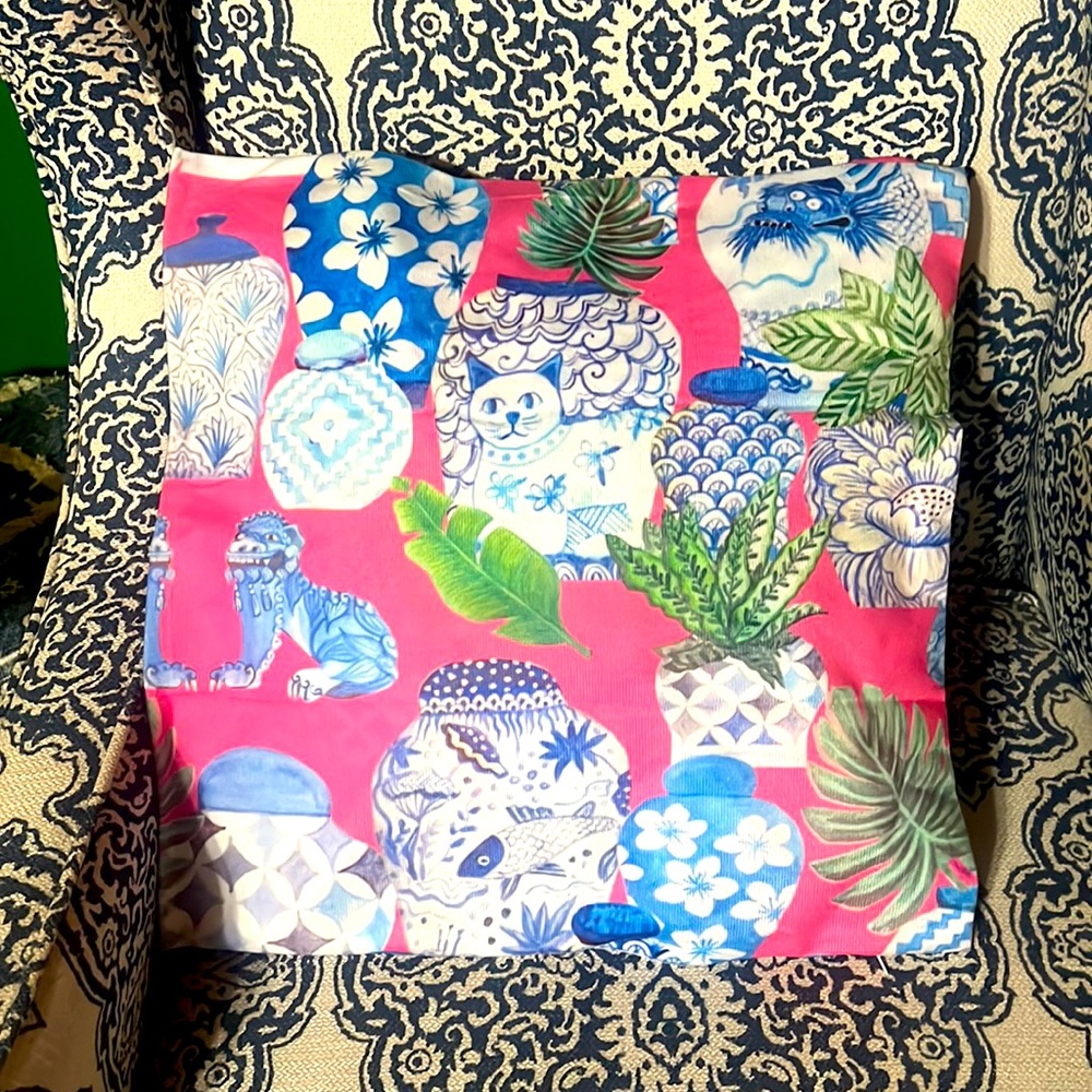 French country Chinoiserie toile cat, Chinese dragon pillow cover 18”